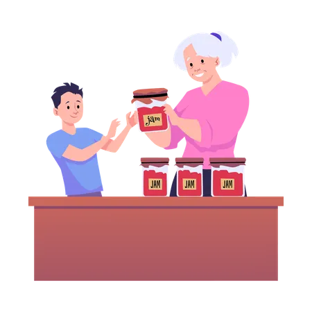 Grandmother gives grandson jar with fruit or berry jam elderly woman regales the boy glass jars  Illustration