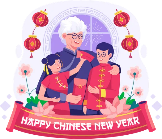 Grandmother giving lucky red envelope to her two grandchildren  Illustration