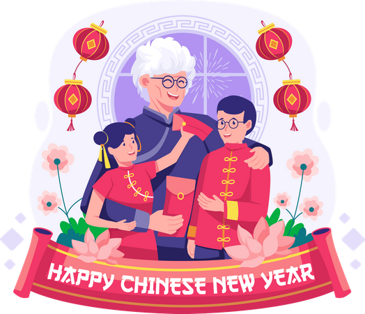 Grandmother giving lucky red envelope to her two grandchildren  Illustration