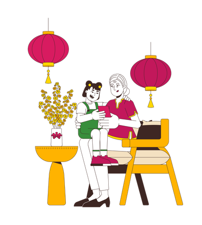 Grandmother giving red envelope to granddaughter  Illustration