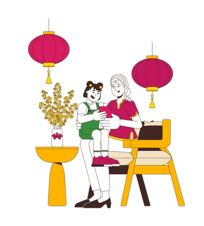 Grandmother giving red envelope to granddaughter  Illustration