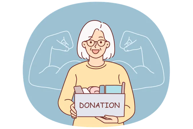 Grandmother holding donation box and wanting to help needy people in trouble  Illustration