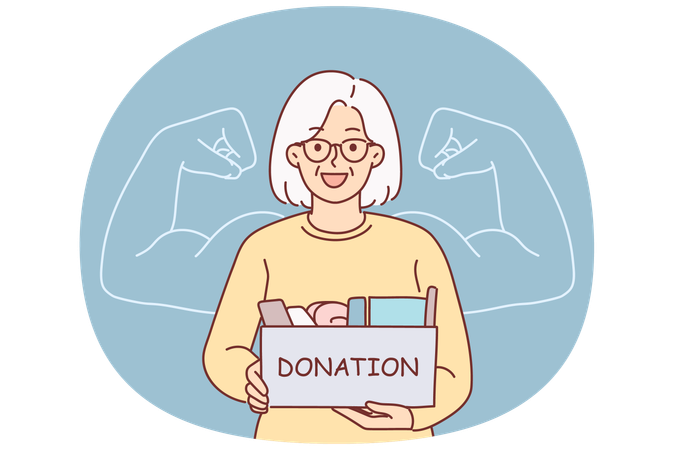 Grandmother holds donation box wanting to help needy people in trouble stands near phantom biceps  Illustration