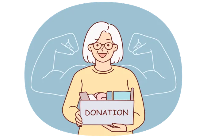 Grandmother holds donation box wanting to help needy people in trouble stands near phantom biceps  Illustration