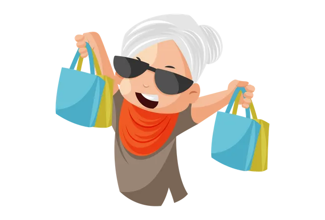 Grandmother is holding shopping bags in her hand  Illustration