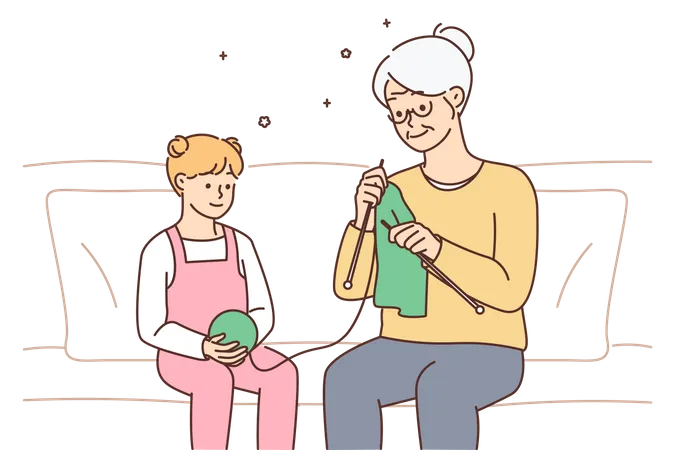 Grandmother knitting scarf for girl  イラスト