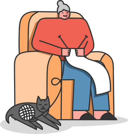 Grandmother knitting scarf while sitting on armchair  Illustration