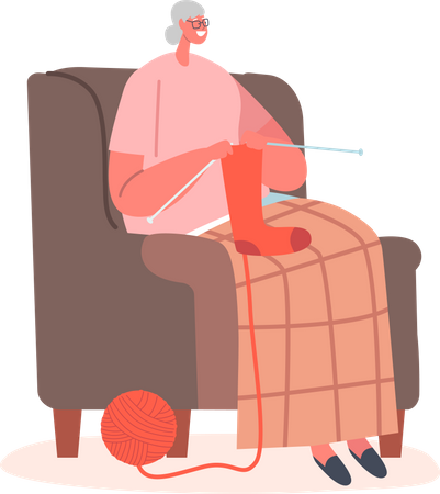 Grandmother knitting sock for grandchildren  Illustration