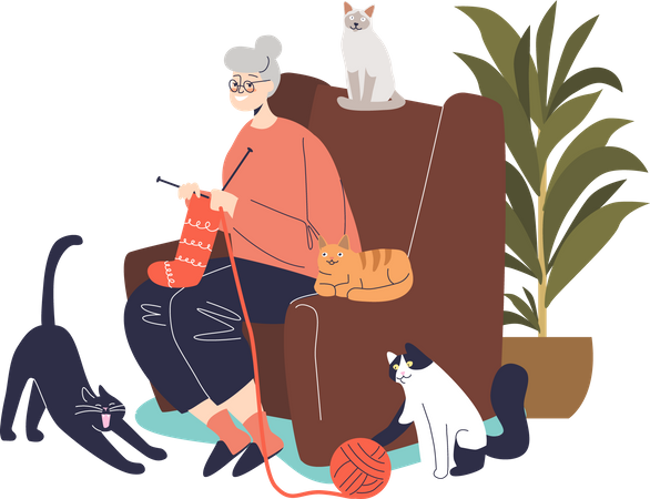 Grandmother knitting while sitting in comfortable chair  Illustration