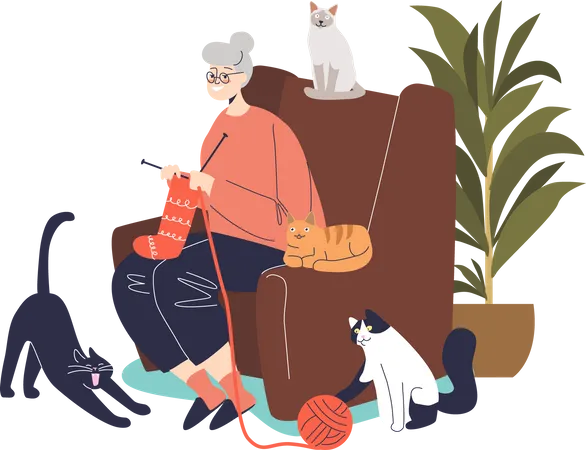 Grandmother knitting while sitting in comfortable chair  Illustration