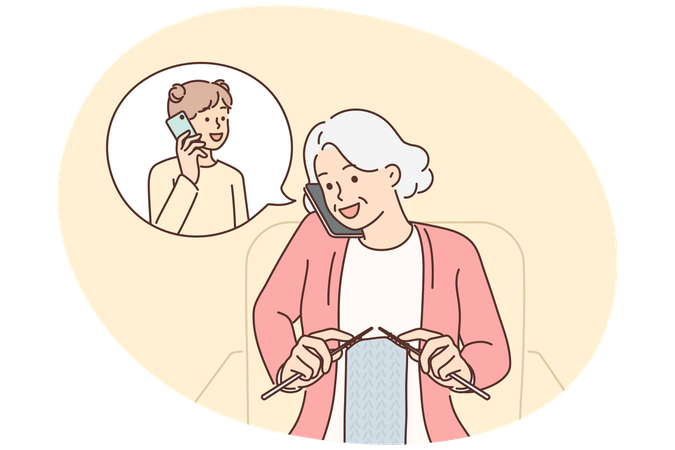 Grandmother makes phone call to granddaughter and knits scarf sitting in cozy chair  Illustration