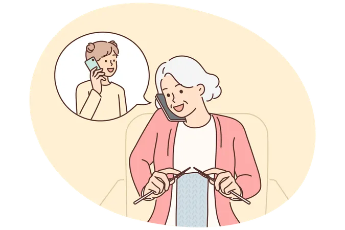 Grandmother makes phone call to granddaughter and knits scarf sitting in cozy chair  Illustration