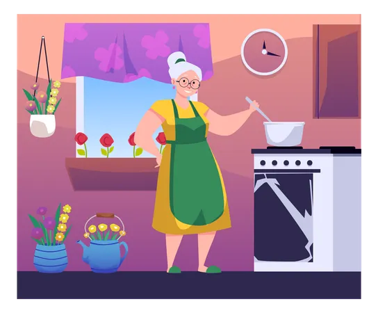 Grandmother preparing jam or confiture in the kitchen  Illustration