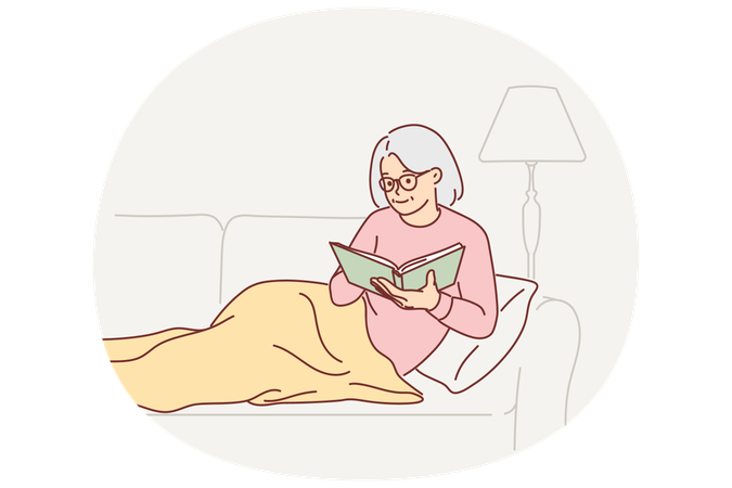 Grandmother reading book sitting on couch covering legs with blanket and enjoying exciting plot  Illustration