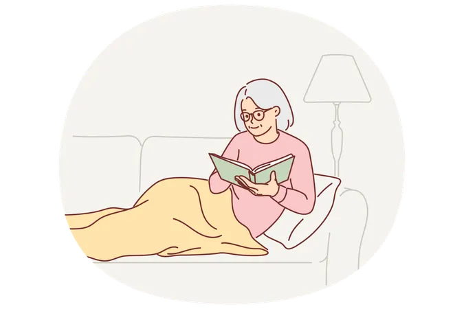 Grandmother reading book sitting on couch covering legs with blanket and enjoying exciting plot  Illustration