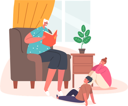 Grandmother Reading Book to Grandchildren  Illustration