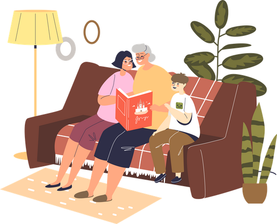 Grandmother reading fairytale to kids  Illustration