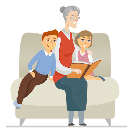 Grandmother reading to grandchildren Illustration