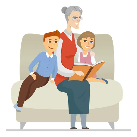 Grandmother reading to grandchildren Illustration