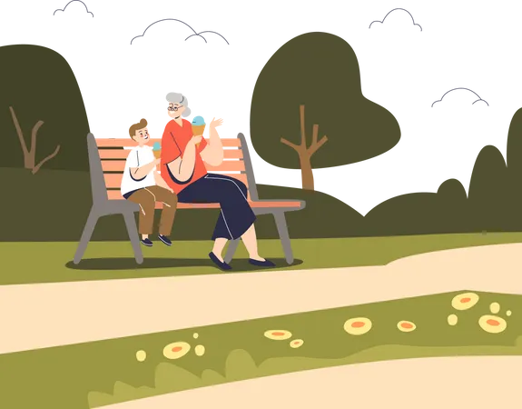 Grandmother sitting with kid in summer park Illustration