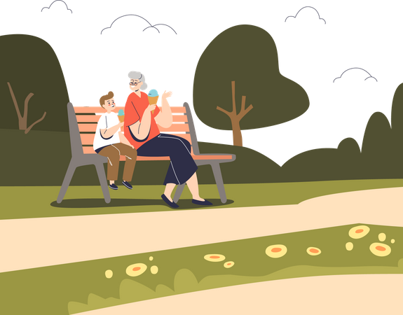 Grandmother sitting with kid in summer park  Illustration