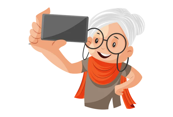Grandmother taking selfie on the phone  イラスト