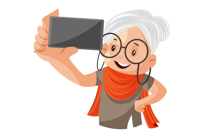 Grandmother taking selfie on the phone  Illustration