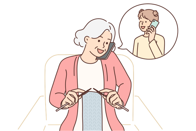 Grandmother talking on call with daughter  Illustration