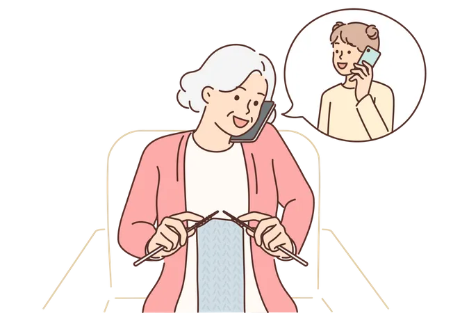 Grandmother talking on call with daughter  Illustration