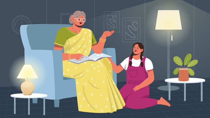 Grandmother telling story to grandchild  Illustration