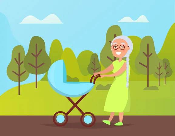 Grandmother walking with toddler in pushcart  Illustration