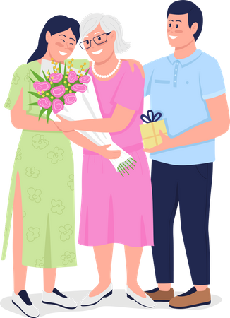 Grandmother with adult grand children  Illustration