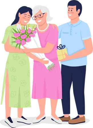 Grandmother with adult grand children  Illustration