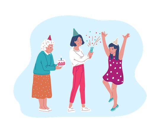 Grandmother with cake in hands celebrating birthday in family circle  Illustration
