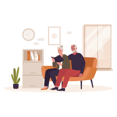 Grandpa and grandma reading a book on the sofa  Illustration