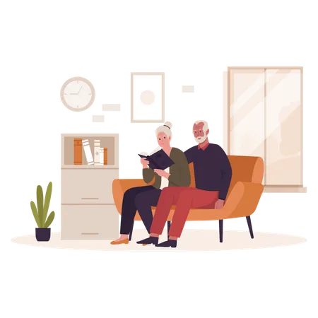 Grandpa and grandma reading a book on the sofa  Illustration