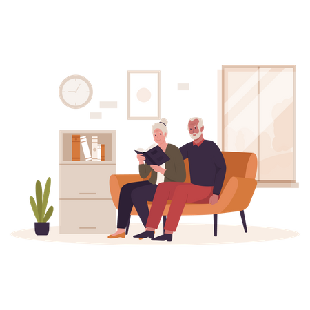 Grandpa and grandma reading a book on the sofa  Illustration