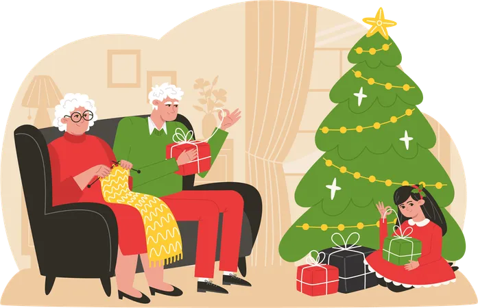 Grandpa and grandma unpack Christmas presents with their granddaughter  イラスト