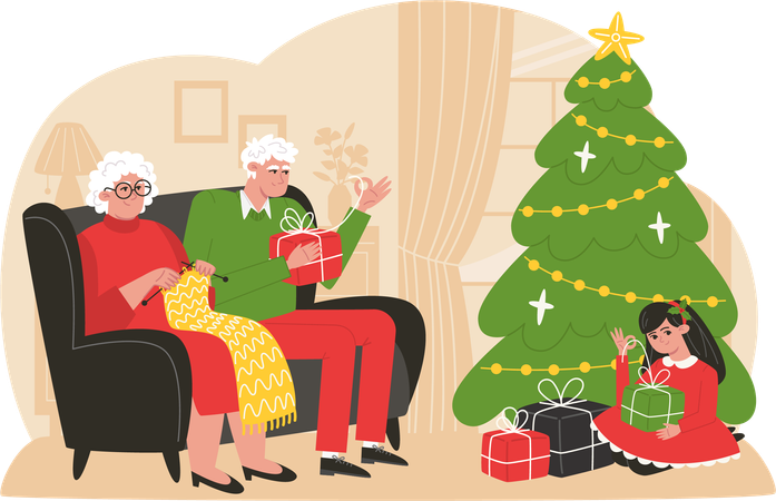 Grandpa and grandma unpack Christmas presents with their granddaughter  Illustration