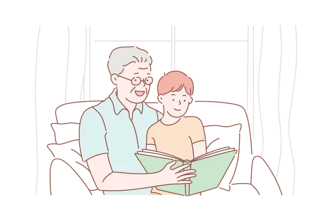 Grandfather Day Grandparent Childhood Concept Grandpa And Grandson Reading A Book Together Or Watch A Family Photo Album Old Man Holding His Grandchild Vector Flat Design Illustration