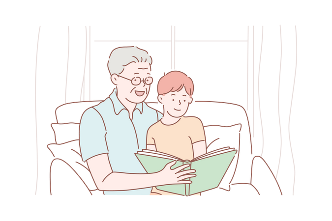 Grandpa and grandson watching family photo album  Illustration