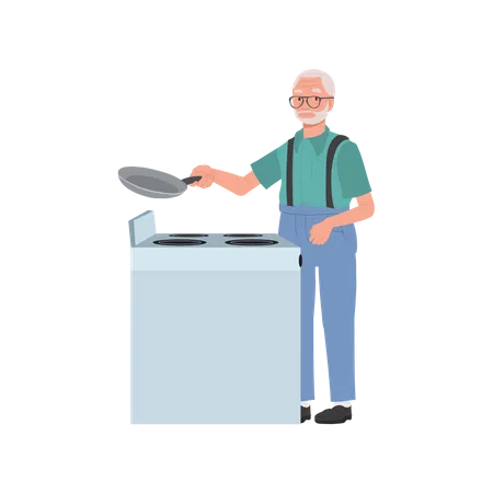 Elderly Man Culinary Chef Concept Grandpa Cooking Traditional Homemade Meals On Stove Flat Vector Cartoon Illustration Illustration