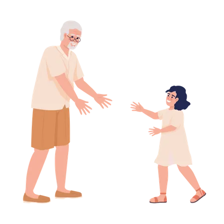 Grandpa Extending Hands To Female Child Semi Flat Color Vector Characters Editable Figures Full Body People On White Simple Cartoon Style Illustration For Web Graphic Design And Animation Illustration
