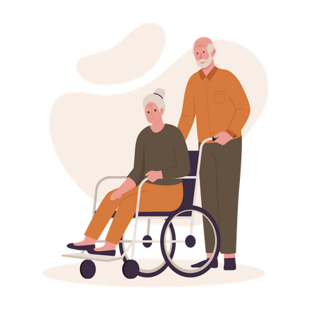 Grandpa pushing grandma's wheelchair  Illustration