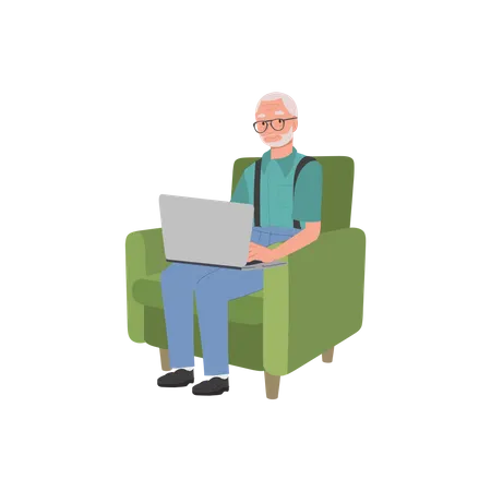 Senior Man And Modern Technology Concept Grandpa Using Laptop On Couch For Online Browsing Web Surfing Enjoying Digital World Illustration