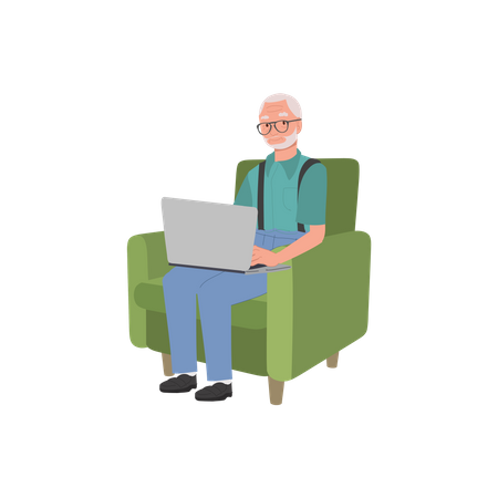 Grandpa Using Laptop on Couch for Online Browsing  Illustration