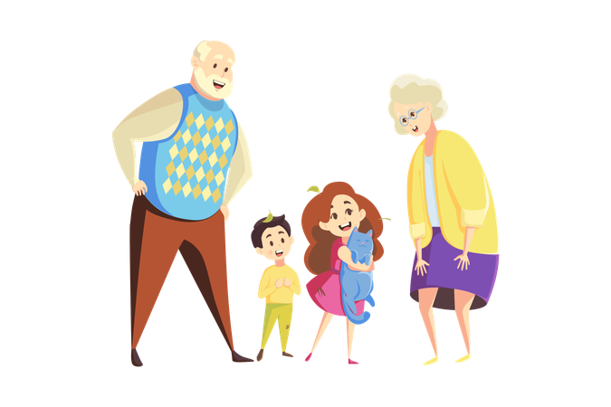 Grandparent and children with cat stand together  Illustration