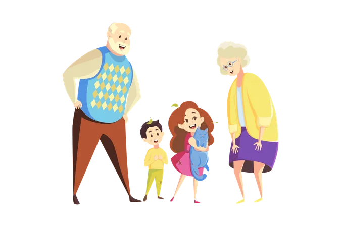 Young And Older Generation Concept Cartoon Characters Man Grandfather And Woman Grandmother With Children Kids Grandson Granddaughter With Cat Pet Stand Together Happy Family Vector Illustration Illustration