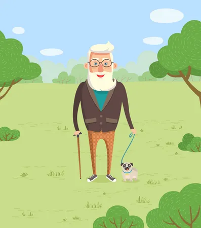 Grandparent Walking with Dog in Park  Illustration