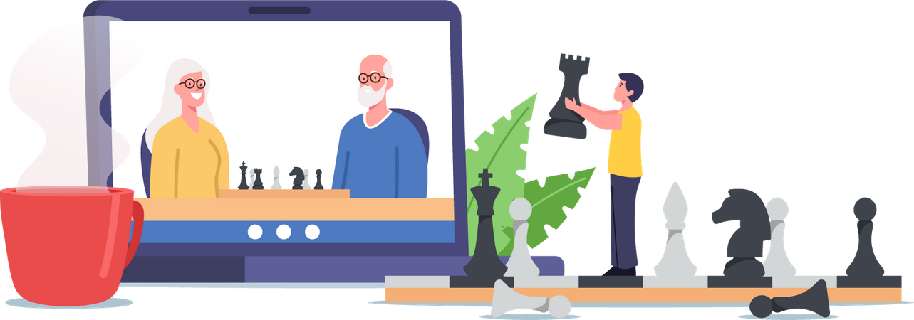 Grandparents and Child Playing Chess Online  Illustration